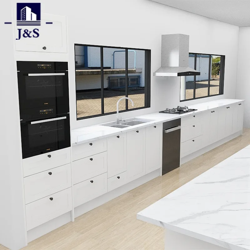 White Shaker Kitchen cum Marmore Island